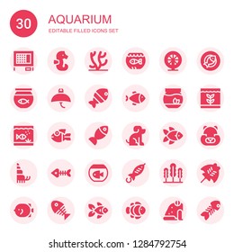 aquarium icon set. Collection of 30 filled aquarium icons included Rabbit hutch, Seahorse, Coral, Aquarium, Hamster, Fish bowl, Manta ray, Fish, Fishbowl, Pet, Hermit crab, Fish bones