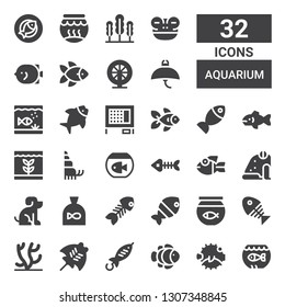 aquarium icon set. Collection of 32 filled aquarium icons included Aquarium, Blowfish, Clown fish, Fish, Manta ray, Coral, Fish bone, bowl, Pet, Frog, bones, Hermit crab