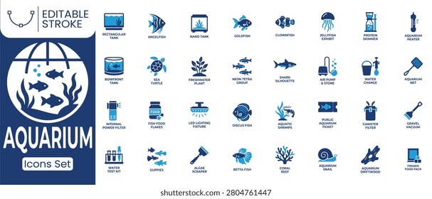 Aquarium icon set. Containing angelfish, clownfish, aquarium tank, coral reef, aquarium filter and more. Solid vector icons collection