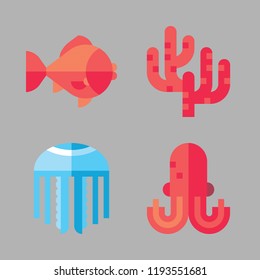 aquarium icon set. vector set about jellyfish, coral, octopus and goldfish icons set.