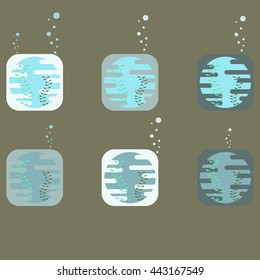 Aquarium icon set in vector, underwater world with algae
