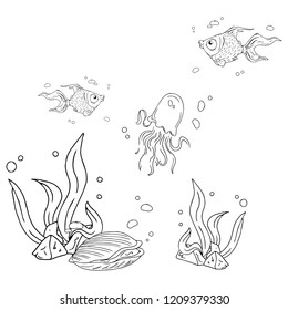 Aquarium icon. Vector illustration of aquarium with fish. Hand drawn beautiful aquarium. Marine life on the ocean floor.