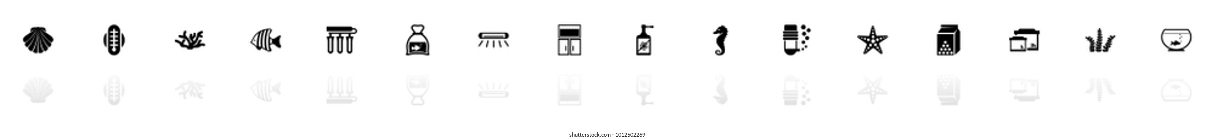 Aquarium icons - Black horizontal Illustration symbol on White Background with a mirror Shadow reflection. Flat Vector Icon.