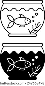 Aquarium Icons. Black and White Vector Icons of Aquarium with Floating Fish. Pet Concept