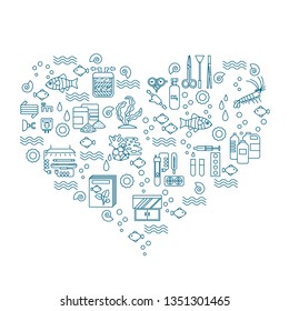 Aquarium icons heartshaped vector postcard.