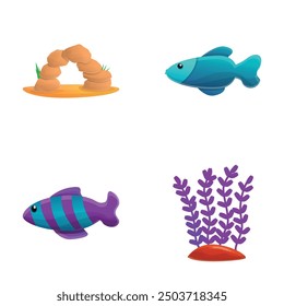 Aquarium icons set cartoon vector. Aquarium decoration and colorful fish. Occupation, hobby