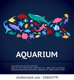 Aquarium infographic banner template layout with marine animal icon such as shark, sea turtle, jellyfish, ray, butterfly fish, angel fish in fish shape in deep blue water background (vector) 