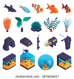 Aquarium Inhabitants And Accessories Isometric Set Including Colorful Fishes Seaweed Plants Thermometer Filter Feeder And Lamp Isolated Vector Illustration