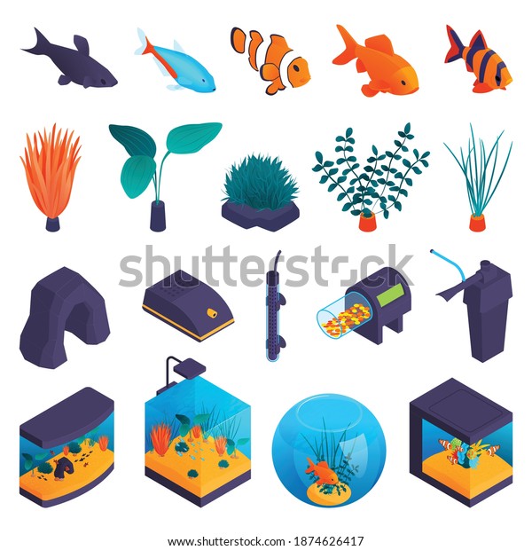 Aquarium inhabitants and accessories\
isometric set including colorful fishes seaweed plants thermometer\
filter feeder and lamp isolated vector\
illustration