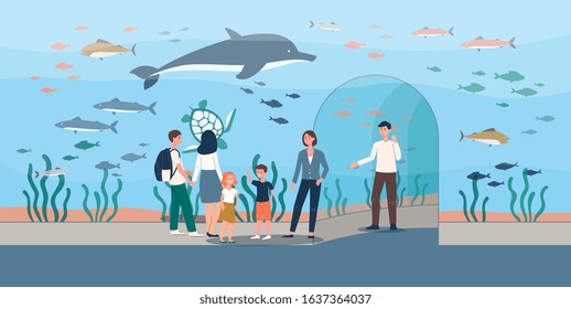 Aquarium interior background with glass transparent walls and people cartoon character, flat vector illustration. Visitors observing underwater life and fishes.