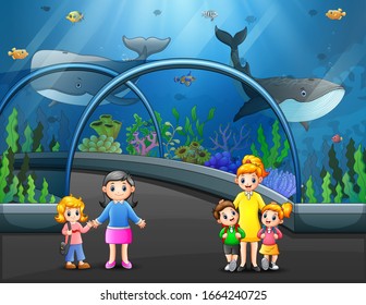 Aquarium interior background with glass transparent walls and visitor