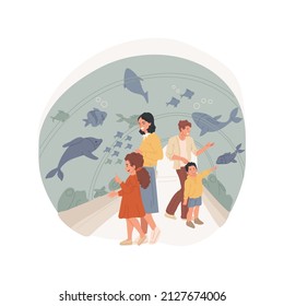 Aquarium isolated cartoon vector illustration Family walking through a glass aquarium tunnel, kid pointing finger at the fish, visiting oceanarium, watching underwater world vector cartoon.