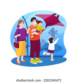 Aquarium isolated cartoon vector illustration. Family walking through a glass aquarium tunnel, kid pointing finger at the fish, visiting oceanarium, watching underwater world vector cartoon.