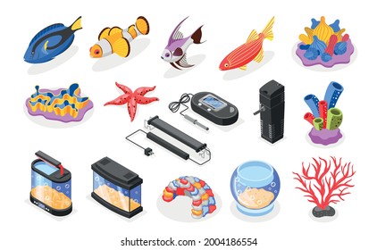 Aquarium isometric icons set with 3d fish tank bowl colorful corals equipment isolated on white background vector illustration