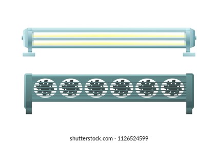 Aquarium lamps and coolers vector illustration, colorful template of dark case with collection of cooling tools, special equipment for fishy home
