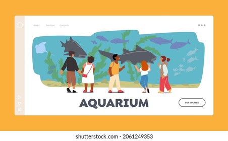 Aquarium Landing Page Template. Children in Oceanarium, Kids Looking at Ocean Fishes behind of Glass, Little Characters Learn Marine Flora and Sea Animals Variety. Cartoon People Vector Illustration