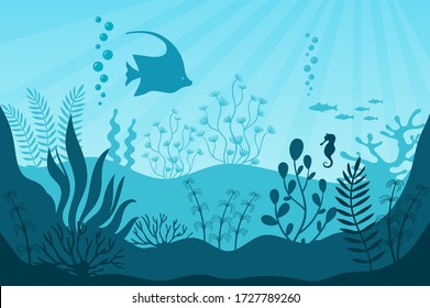 Aquarium life. Silhouettes of coral reef with fishes in blue water. Tropical aquarium with seaweed and its inhabitants vector illustration. Beautiful marine underwater wildlife panorama.