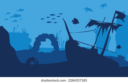 Aquarium life. Silhouettes of coral reef with fishes in blue water. Tropical aquarium with seaweed and its inhabitants illustration. Beautiful marine underwater wildlife panorama. shipwreck