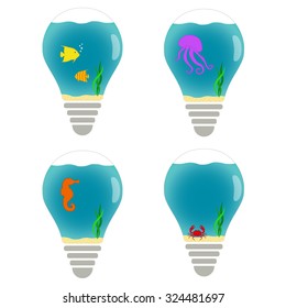 Aquarium in the lightbulb on a white background