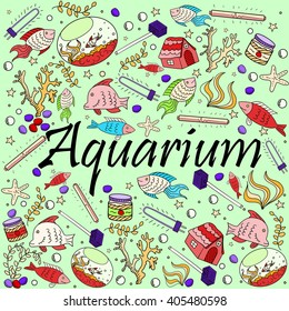 Aquarium line art design vector illustration. Separate objects. Hand drawn doodle design elements.