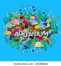 Aquarium line art design vector illustration. Separate objects. Hand drawn doodle design elements.