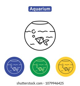 Aquarium line icons logo element in black color vector illustration. Flat outline symbols of fishbowl in colorful circles for print media website apps. Editable stroke. Isolated on white background