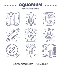 Aquarium line icons. Set of 9 items. Gravel vacuum, thermometer, fish food, lamp, air pump, scraper, feeding ring, scissors and filter. Vector illustration for pet shop.