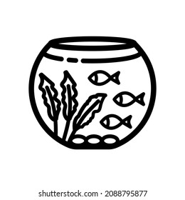 Aquarium linear icon. Flat line fishbowl illustration. Fishkeeping. Fish tank. Contour symbol. Vector isolated outline drawing.