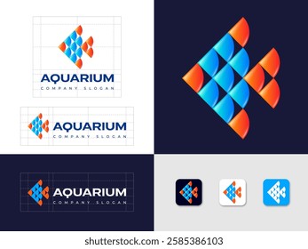 Aquarium logo. Fish symbol made of glossy ceramic tile elements. Identity, app button.