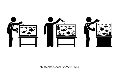 Aquarium maintenance sequence depicted as black stick figure silhouettes fish tank fishbowl aquatic life fishkeeping