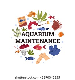 Aquarium maintenance vector poster. Cartoon aquarium marine fauna and flora, aquatic pet care. Zoo shop store, different fish, corals, seaweed and accessories