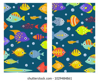 Aquarium ocean fish underwater cards bowl tropical aquatic animals water nature pet characters vector illustration