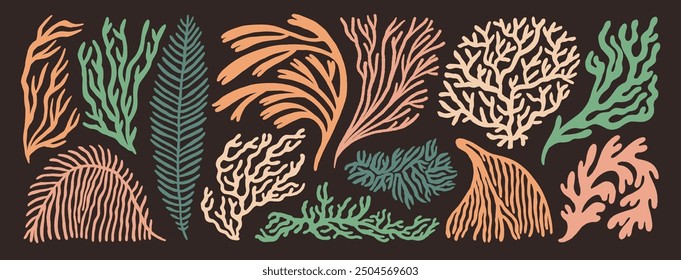 Aquarium, ocean and undersea seaweeds and corals icon set. Hand drawn minimal style branches and sea plants. Naive shapes curly seaweeds. Neutral colored retro style underwater plants. Funky fronds.