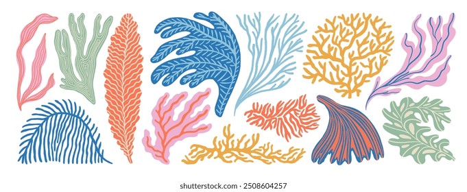 Aquarium, ocean and undersea seaweeds and corals icon set. Hand drawn minimal style branches and sea plants. Naive shapes curly seaweeds. Pastel colored kid style underwater plants. Funky fronds.