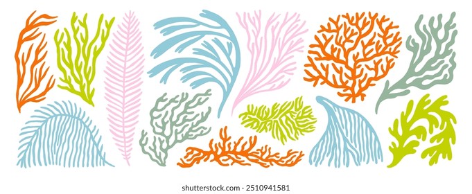 Conjunto de iconos de algas marinas y corales de acuario, océano y submarino. Dibujado a mano ramas de estilo minimalista y plantas marinas. Formas ingenuas rizadas de algas. Plantas submarinas de estilo infantil de color pastel. Frondas funky.