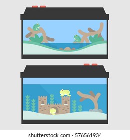 Aquarium and paludarium for frogs in flat style. Vector illustration of amphibian tanks for pet shop.
