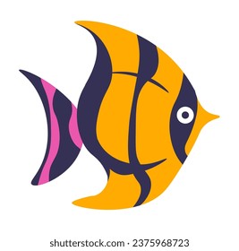 Mascota acuario, peces coloridos a rayas con aletas y agallas. Animales acuáticos que viven en un ambiente salado. Ícono aislado de la vida marina, el océano o el agua del mar. Vector en ilustración de estilo plano