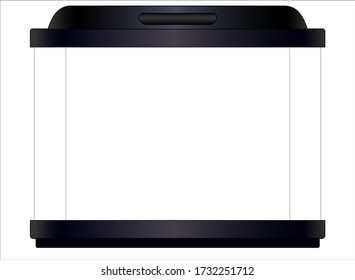 Aquarium - pet supplies. Empty rectangular aquarium with a tray and a lid - stock illustration. Glass aquarium or terrarium with a plastic black tray and lid.