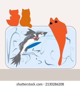 Aquarium with plants and fish, two kittens on it, silhouettes. In the aquarium, a red cat with eyes, depicts a fish