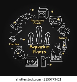 Aquarium plants vector linear black illustration. Circular outline design for pet shop