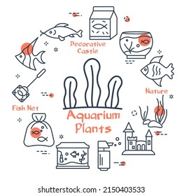 Plantas de acuario ilustraciones lineales vectoriales. Diseño de contorno circular para tienda de mascotas