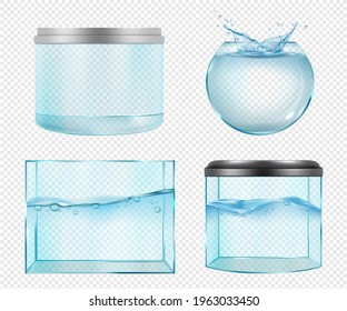 Aquarium realistic. Transparent glass empty aquarium for fishes underwater life for interior decoration decent vector illustrations set isolated