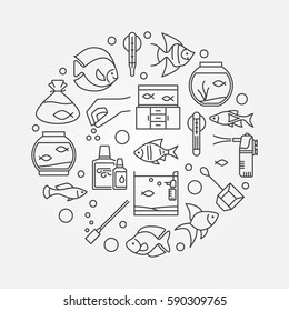 Aquarium round illustration - vector symbol made with icons of fish and accessories in thin line style. Aquariumistics concept sign