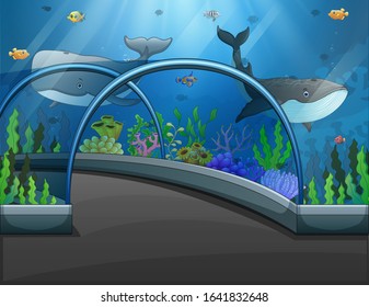 Aquarium scene with sea animals illustration