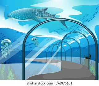 Aquarium scene with sea animals illustration