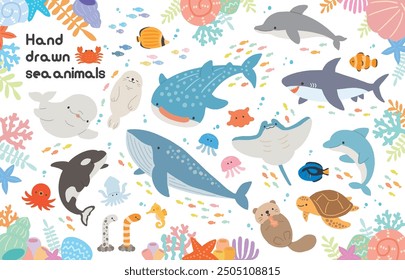 Aquarium sea creatures hand-drawn illustration material set