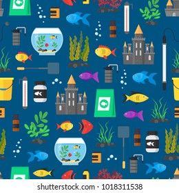 Aquarium Seamless Pattern Background on a Blue Hobby or Decor Interior Home Include of Thermometer, Bowl, Filter and Lamp . Vector illustration of Aquariumes