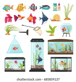 Aquarium set of isolated fish bowls species water plants aquaria tendance equipment and fishfood packaging images vector illustration