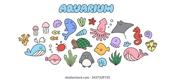 Aquarium set of kid cute doodle icons. Hand drawn sea elements of shark, whale, turtle, fish, seashell, medusa, starfish, octopus. Childish simple characters for patterns, banners, backgrounds..