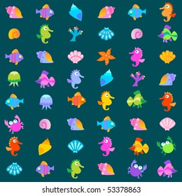 Aquarium set of sealife creatures. Fishes, corals, cockleshells